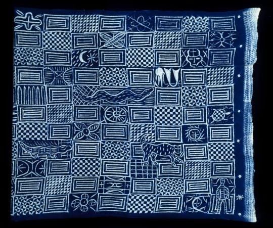 A blue and white cloth with various symbols
AI-generated content may be incorrect.