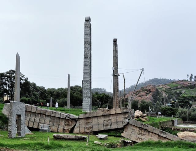The fallen Great Stele of Aksum lying in sections in the Northern Stelae Park, Tigray, Ethiopia.
