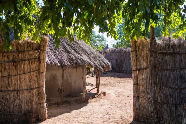 Thatched-roof huts in a traditional Zambian village