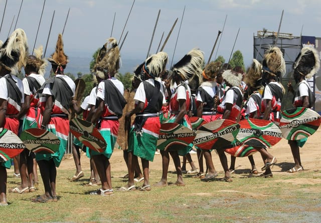 Warriors in traditional attire holding spears and shields, their cowhide shields patterned like regimental markings.